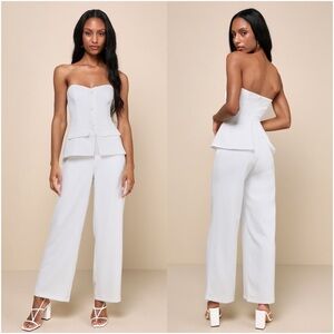 LULU’S Sophisticated Angel White Strapless Vest Jumpsuit